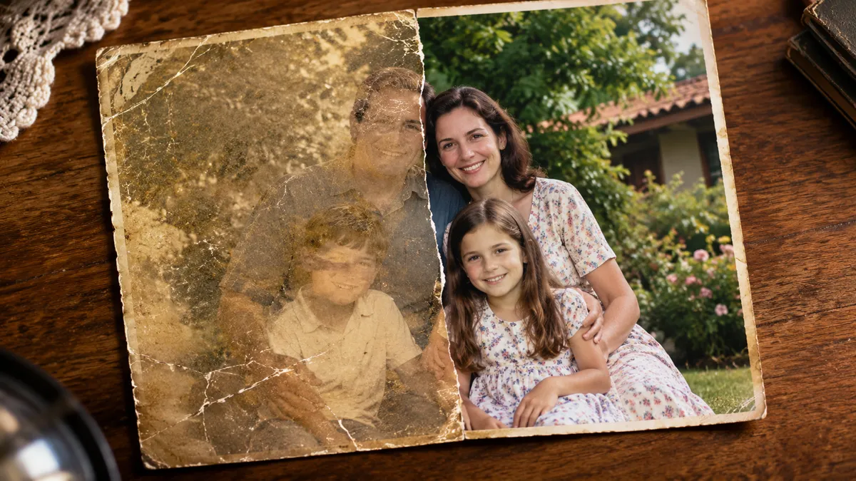 Foto de família antiga, metade rasgada e desbotada, metade restaurada