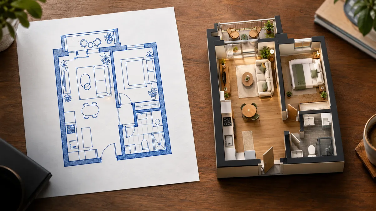 Planta baixa desenhada à mão e o mesmo apartamento em 3D com móveis