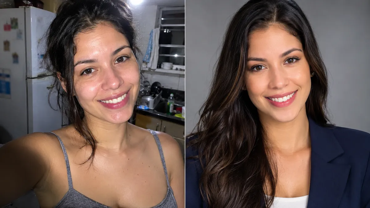 Selfie com luz ruim na cozinha e a mesma pessoa em retrato profissional de estúdio