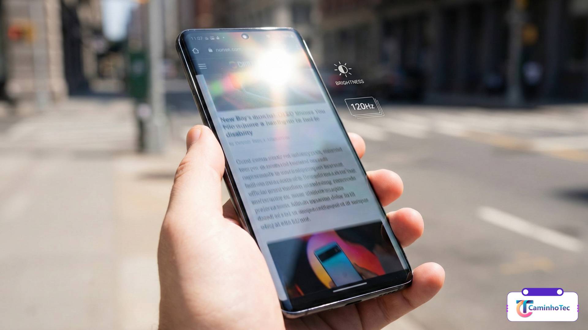 Smartphone sendo usado ao ar livre com brilho alto e taxa de 120 Hz na tela