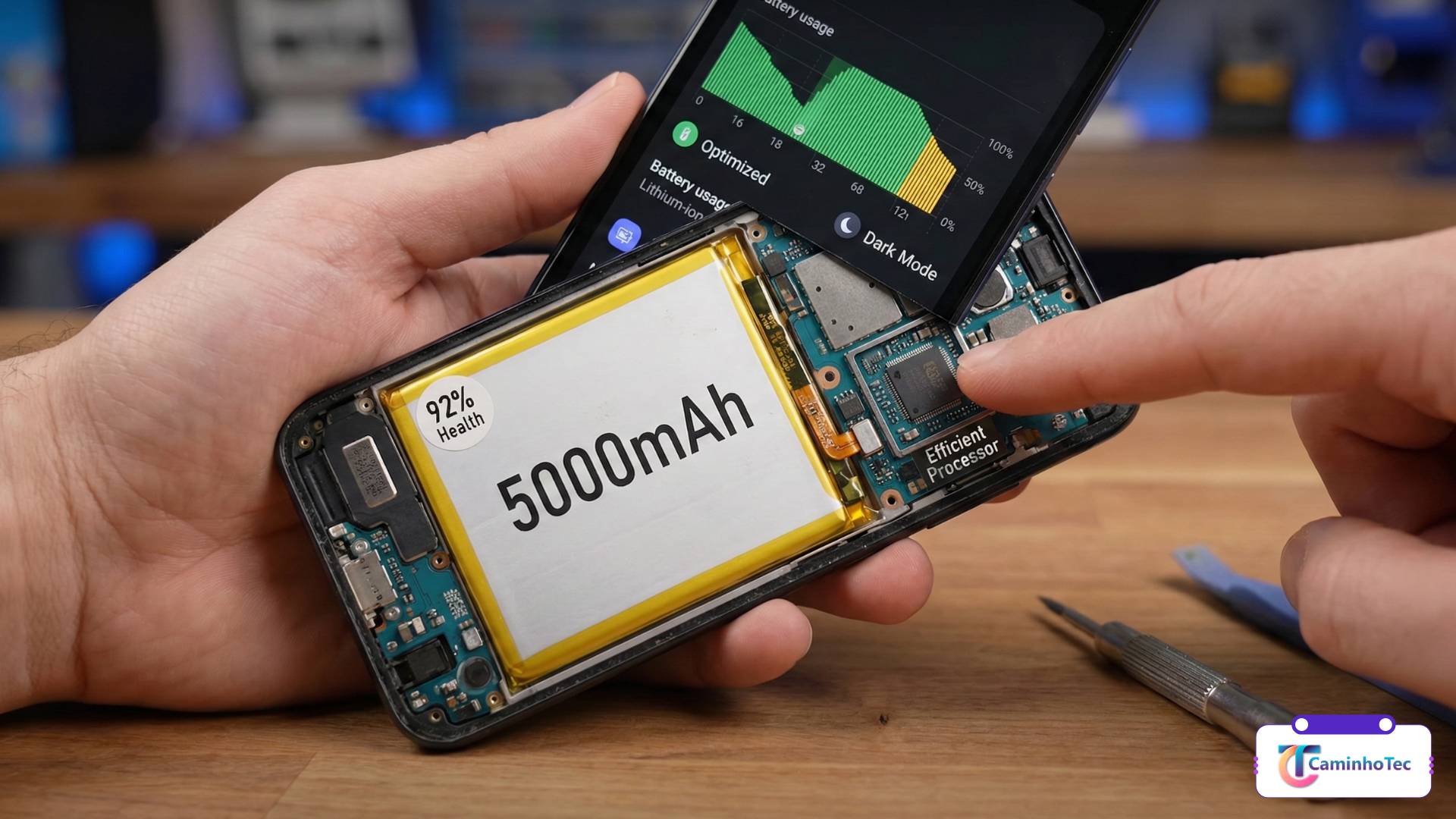 Bateria de 5000 mAh dentro do celular com gráfico de consumo e indicador de saúde da bateria