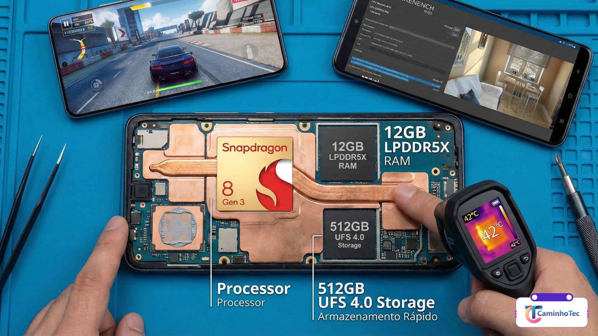 Componentes internos do celular destacando processador, 12 GB de RAM e 512 GB de armazenamento UFS 4.0