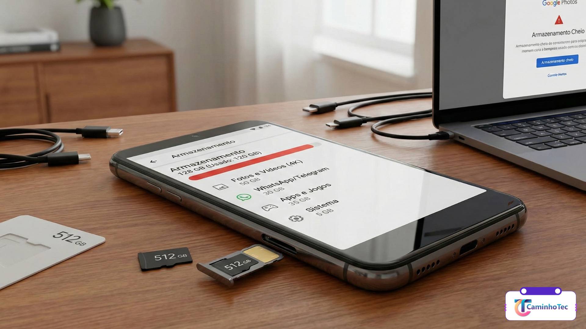 Tela de armazenamento quase cheio mostrando que 128 GB pode ficar limitado por apps, fotos e vídeos