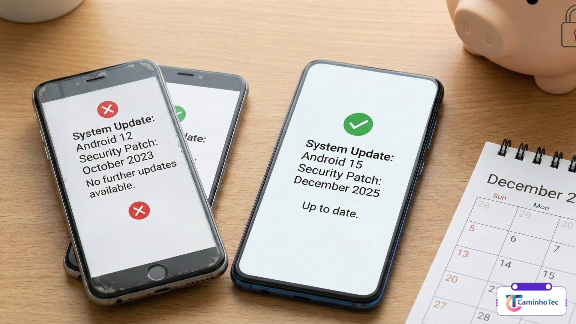 Comparação de atualização do sistema: celular antigo sem novas atualizações vs celular novo atualizado com patch de segurança