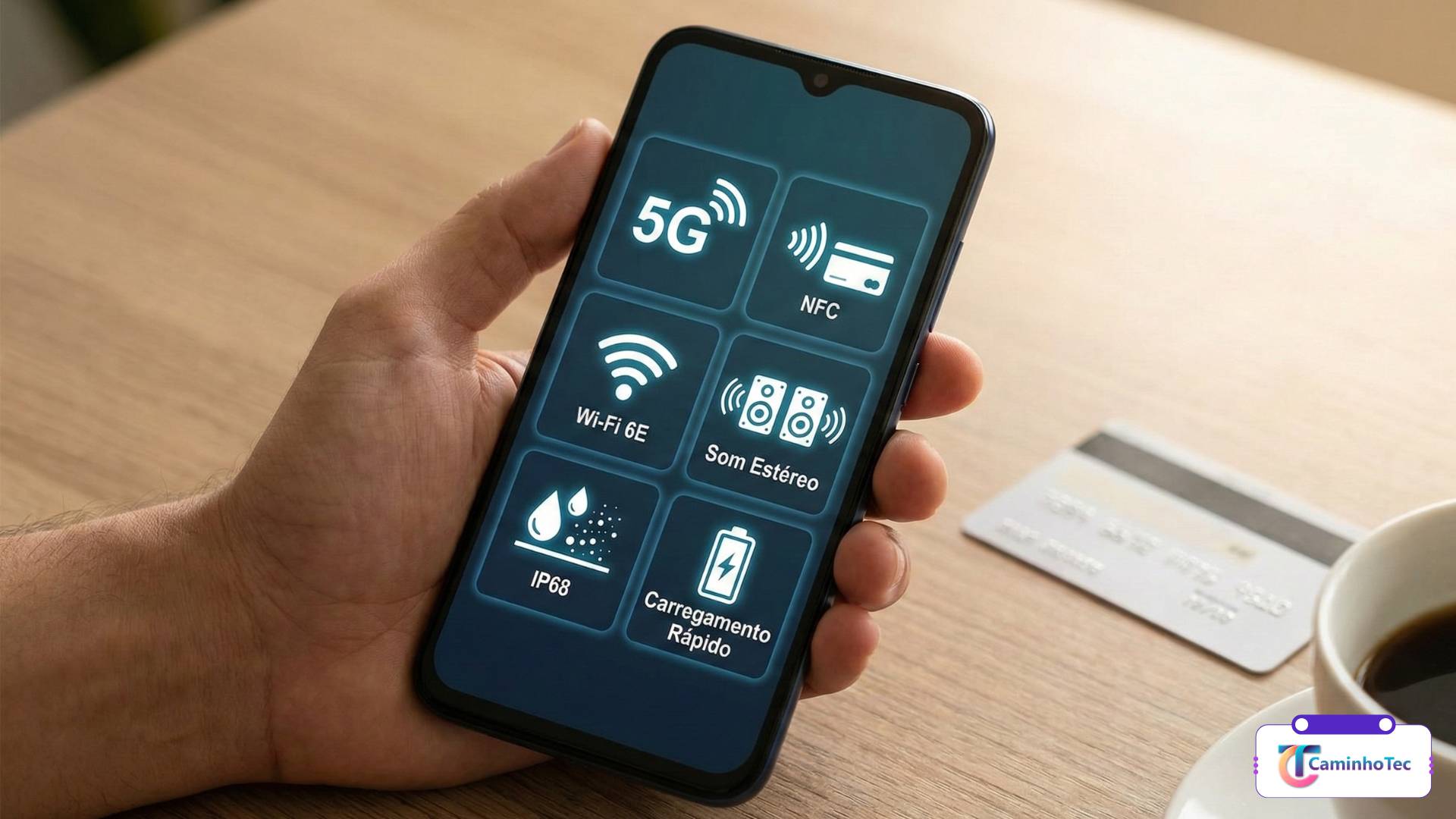 Tela do celular mostrando recursos essenciais: 5G, NFC, Wi-Fi 6E, som estéreo, IP68 e carregamento rápido