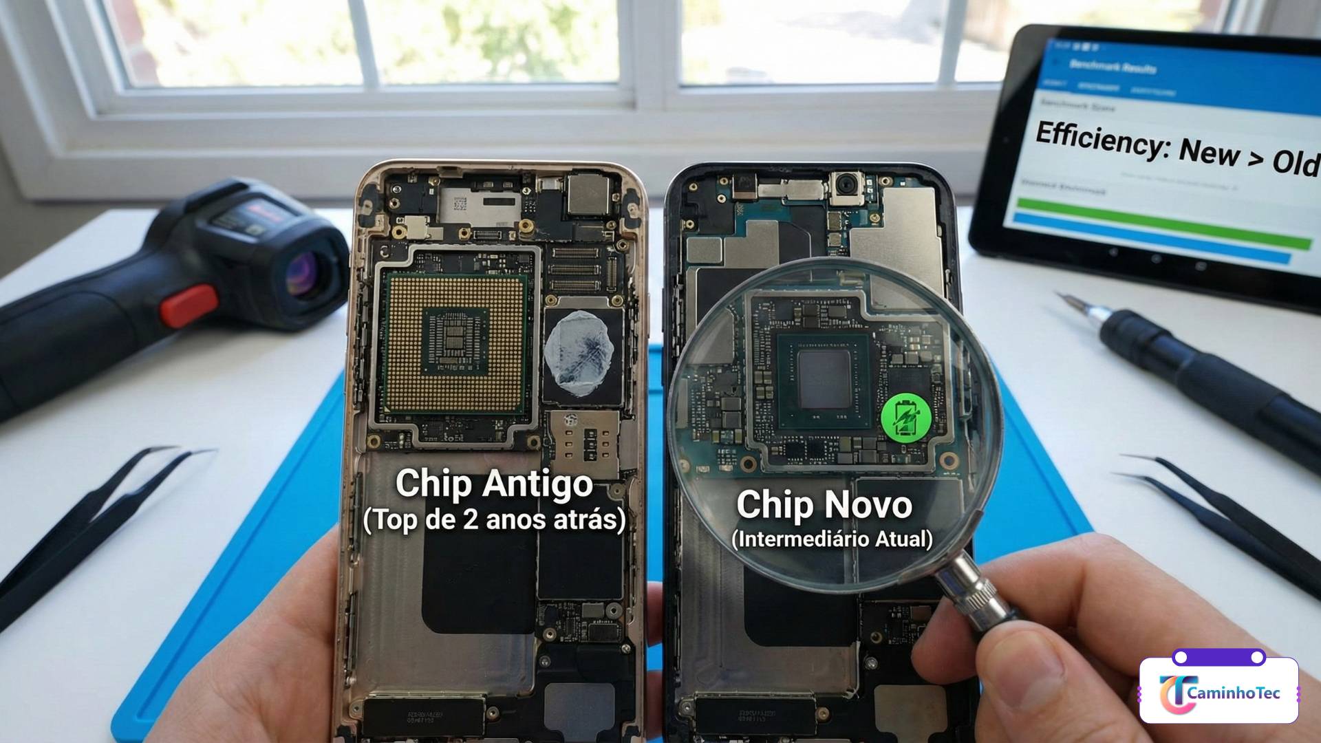 Comparação entre chip antigo e chip novo em celulares abertos, destacando que chip recente é mais eficiente