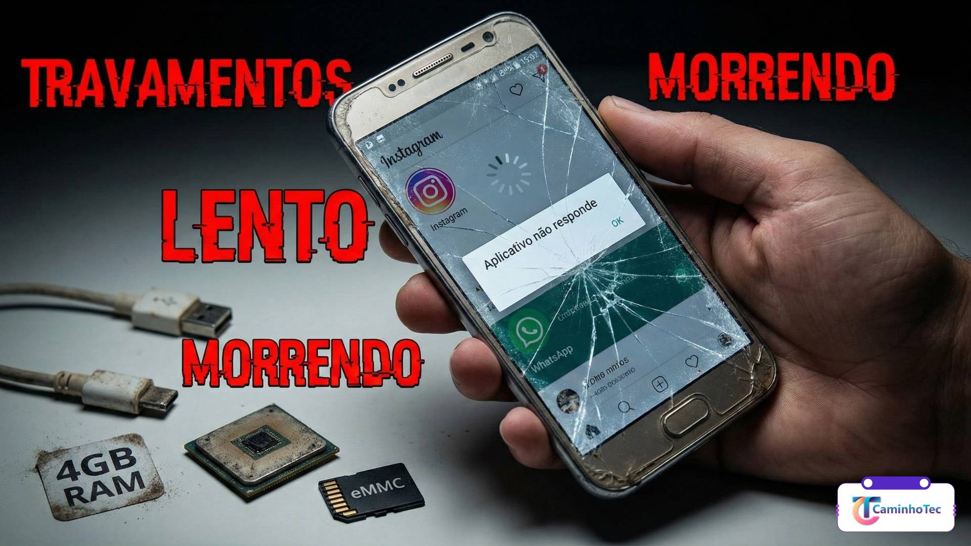 Celular antigo travando com aviso de aplicativo não respondendo e destaque para 4 GB de RAM e armazenamento eMMC