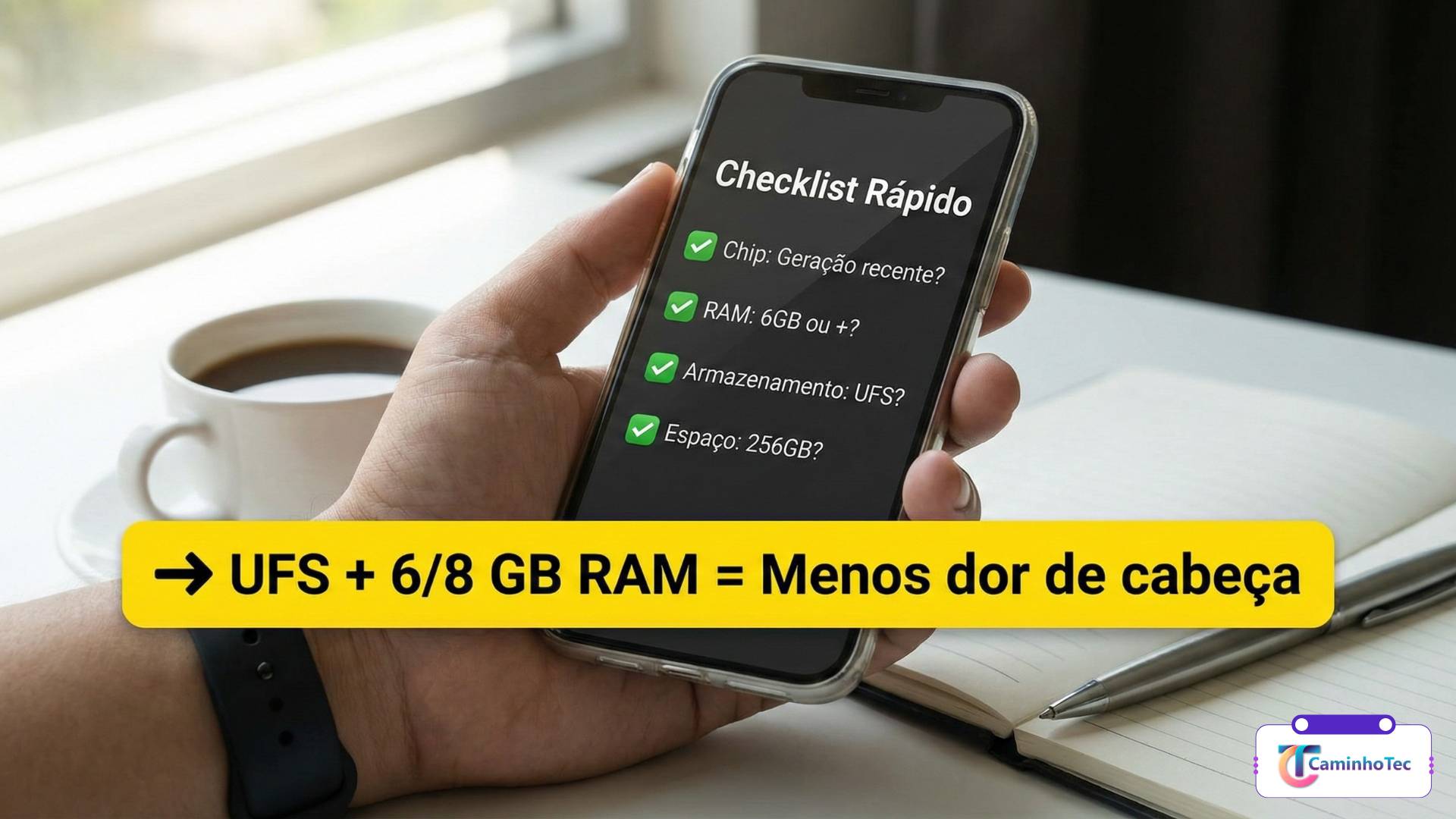 hecklist rápido no celular mostrando critérios para escolher um smartphone: chip recente, 6 GB+ de RAM e armazenamento UFS