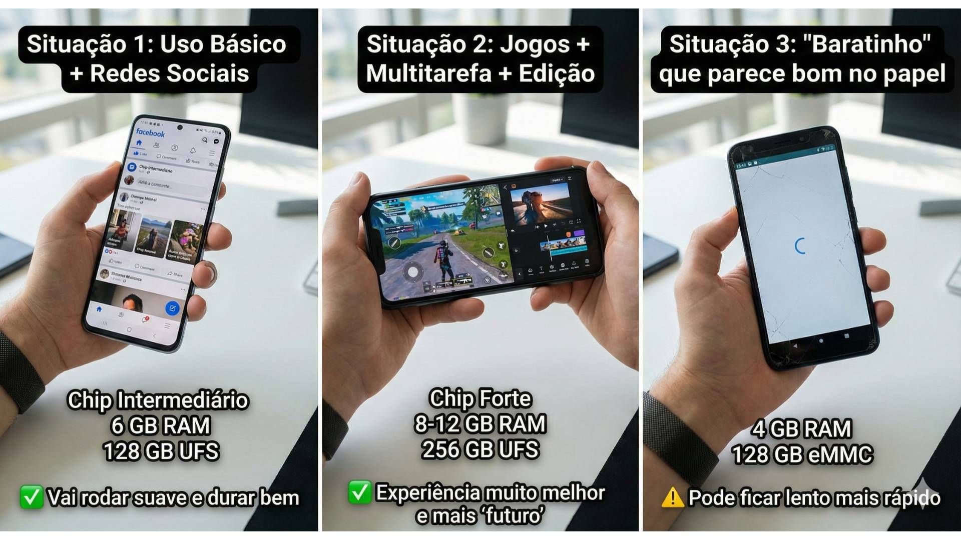 Comparativo de configurações para três perfis: uso básico, jogos e edição, e celular barato com 4 GB de RAM e eMMC