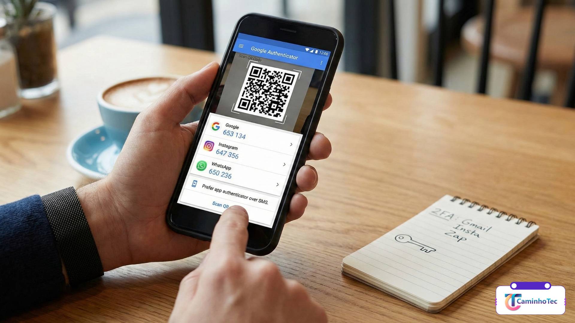 Pessoa usando o Google Authenticator no celular para ativar autenticação em duas etapas (2FA) com QR code.