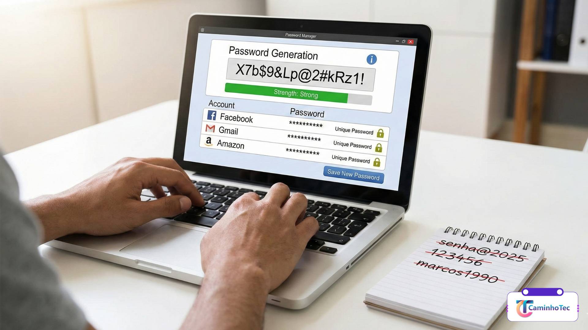 Notebook com gerenciador de senhas criando uma senha forte; ao lado, anotações com senhas fracas comuns.