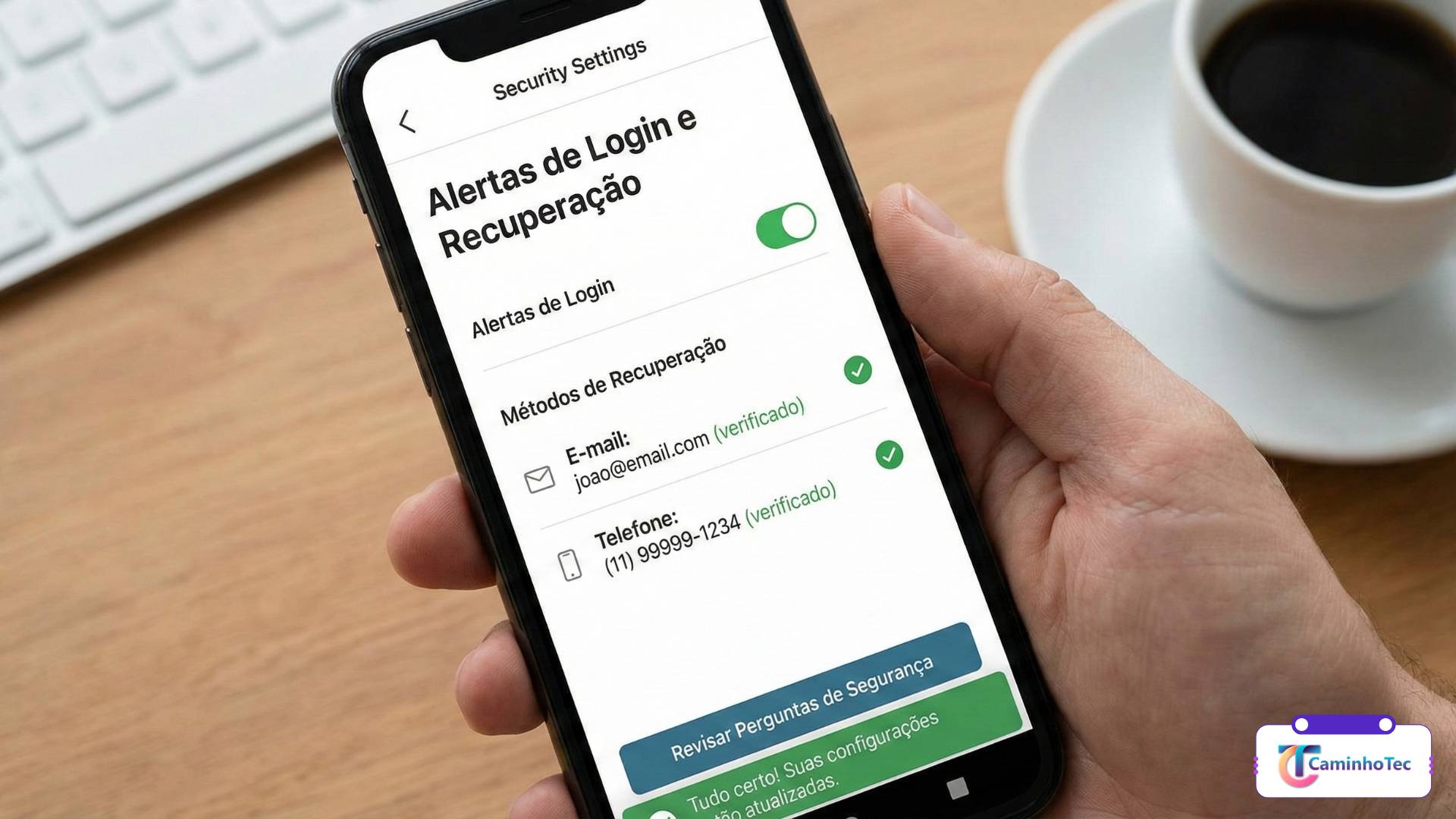 Celular exibindo alertas de login e métodos de recuperação ativados para proteger a conta contra invasões