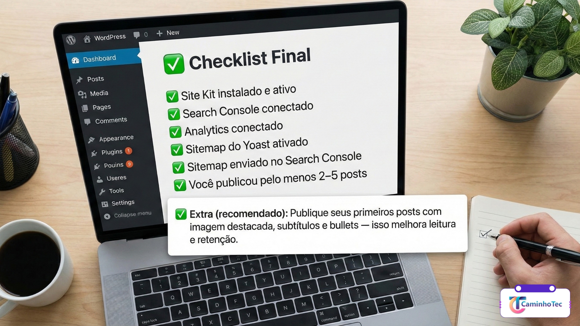 Checklist de configuração do Site Kit, Search Console, Analytics e sitemap no WordPress