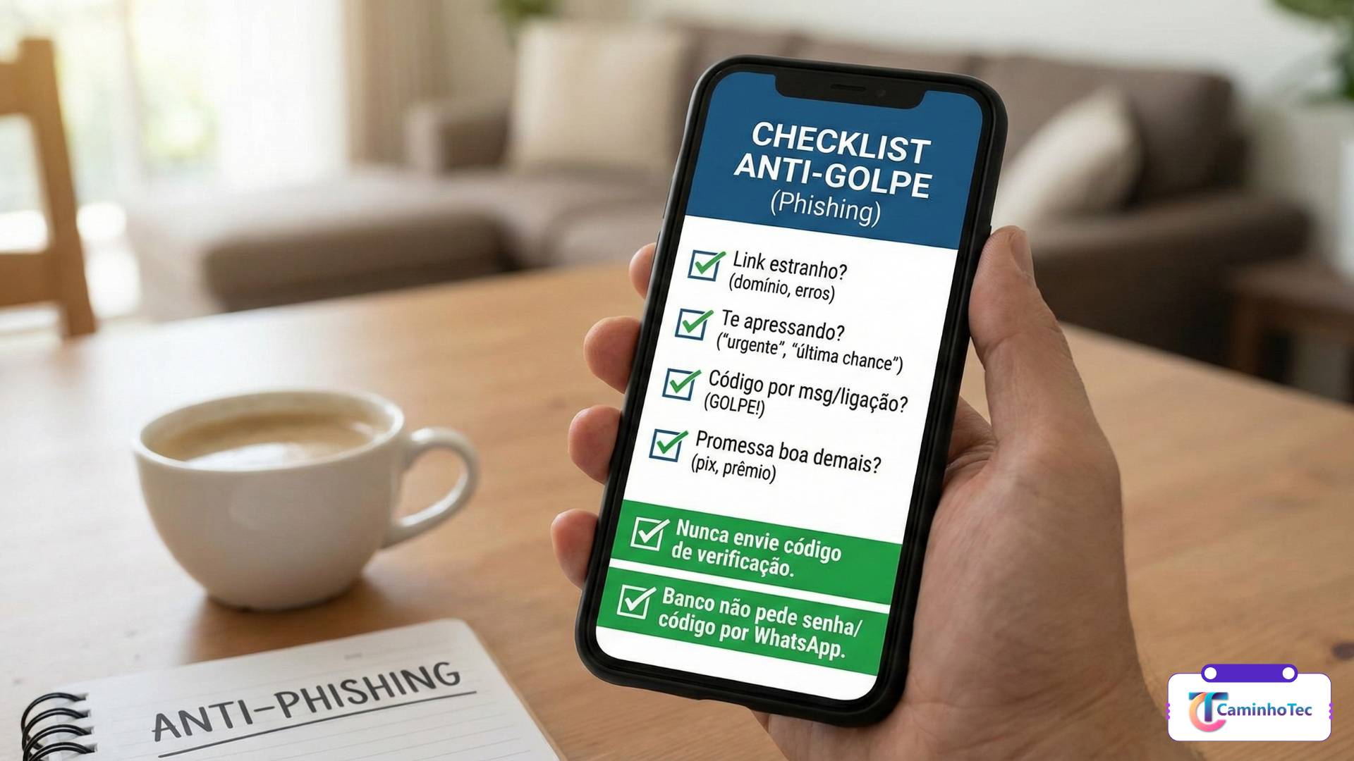 Celular exibindo um checklist anti-golpe (phishing) com sinais de fraude, como link estranho, urgência e pedido de código, com aviso para não enviar código de verificação.