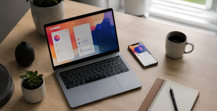 Mesa de trabalho com notebook mostrando interfaces coloridas de aplicativos e celular ao lado