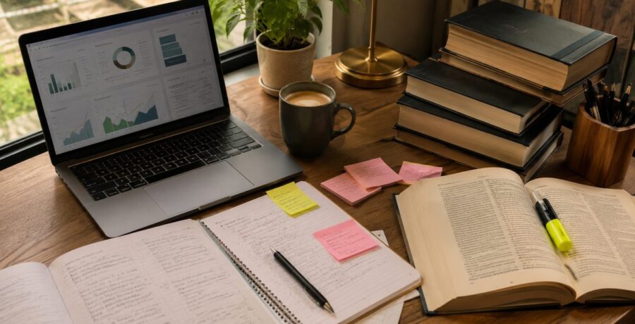 Mesa de estudos com notebook, cadernos e post-its para preparação de concurso