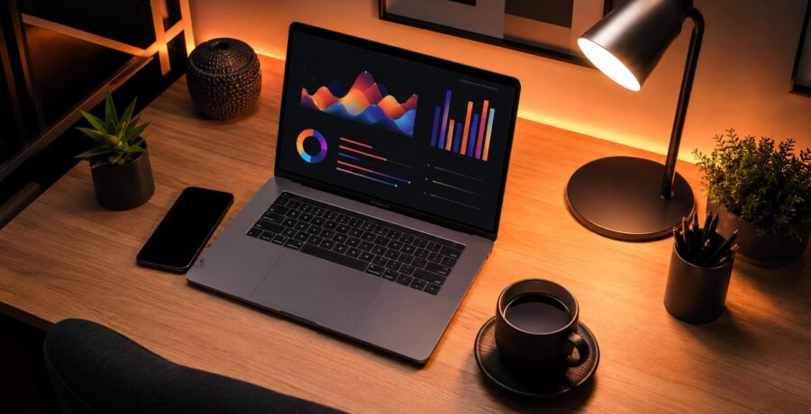 Notebook e celular sobre mesa com luz laranja, representando sites úteis do dia a dia