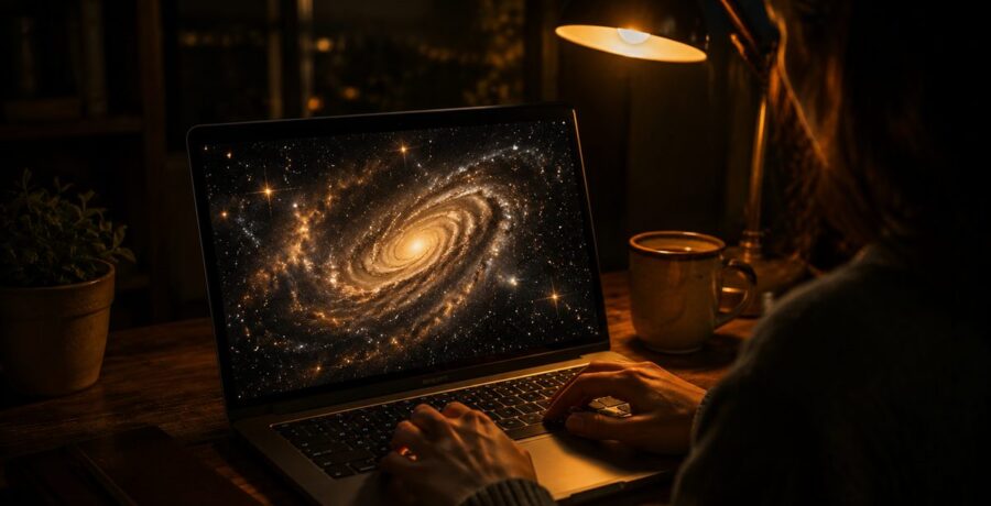 Pessoa explorando um mapa de galáxias na tela do notebook em um quarto escuro