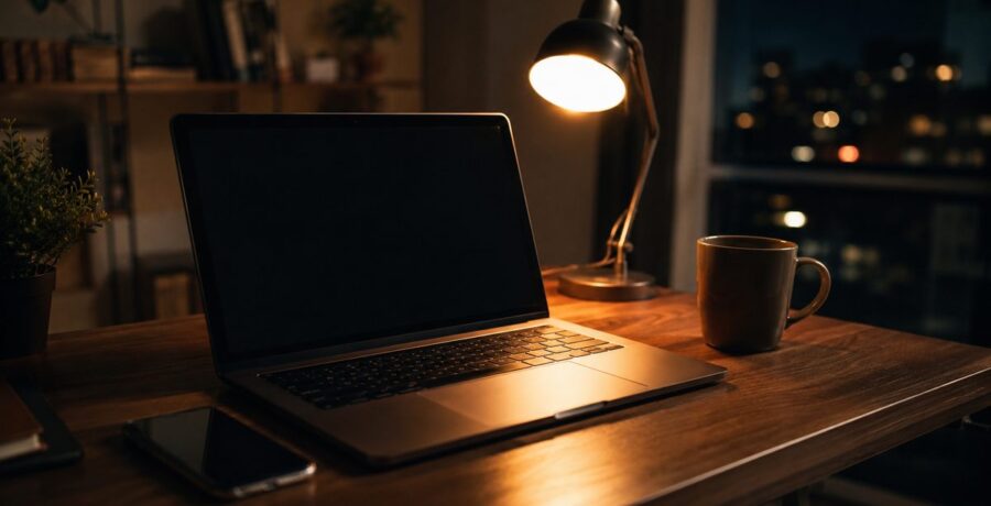 Mesa de trabalho à noite com notebook e celular iluminados, representando sites úteis da internet