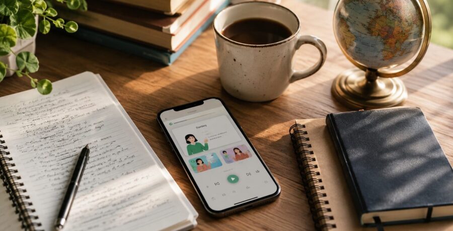 Mesa de estudos com celular, caderno e globo terrestre para aprender idiomas