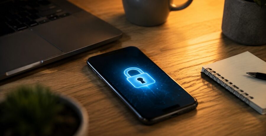 Celular sobre a mesa exibindo um cadeado digital, simbolizando segurança de contas