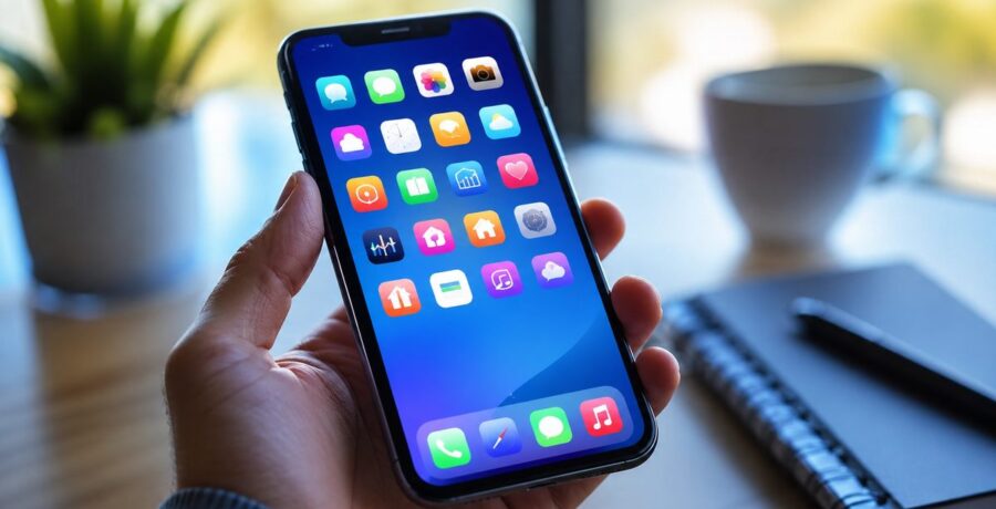 Mão segurando celular com grade de ícones de apps iluminados em azul