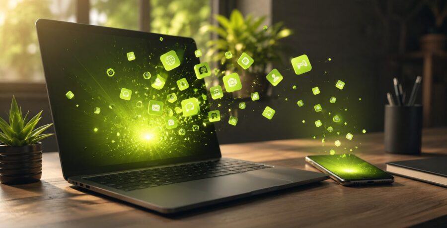 Notebook e celular sobre uma mesa com ícones de aplicativos surgindo da tela
