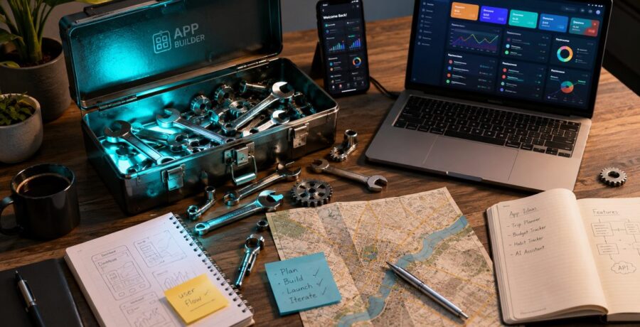 Caixa de ferramentas aberta ao lado de celular e notebook, representando ferramentas digitais úteis