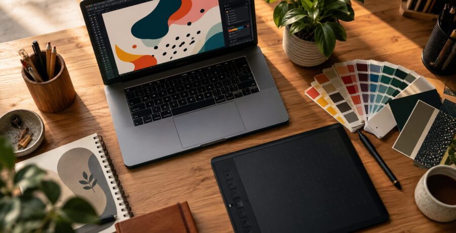 Mesa de trabalho de um designer com notebook, tablet gráfico e amostras de cores