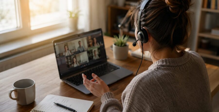 Pessoa com fone e microfone falando em frente ao notebook para praticar inglês