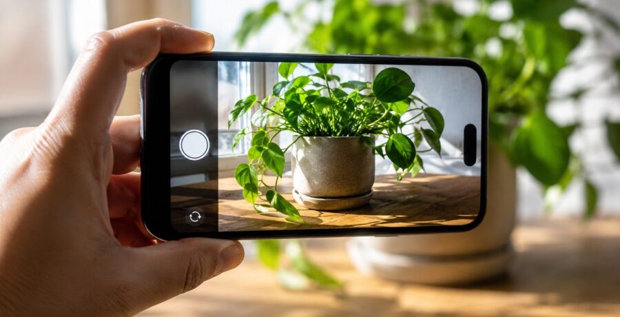 Mão segurando celular com brilho ciano apontando a câmera para uma planta