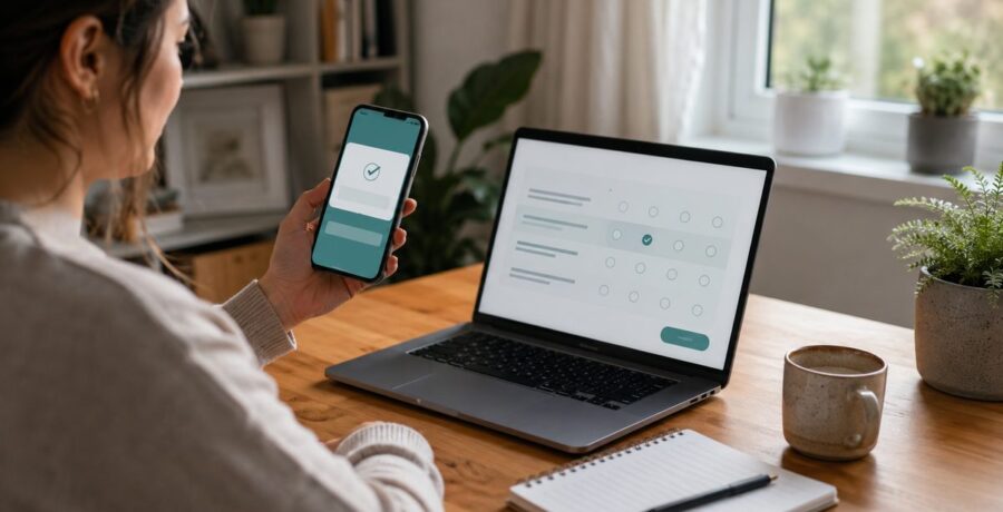 Pessoa em casa mexendo no celular e no notebook para ganhar renda extra online
