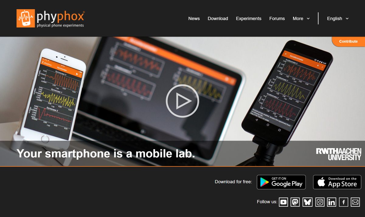 Site do Phyphox, da universidade RWTH Aachen, com dois celulares mostrando gráficos de sensores e a frase "Your smartphone is a mobile lab"