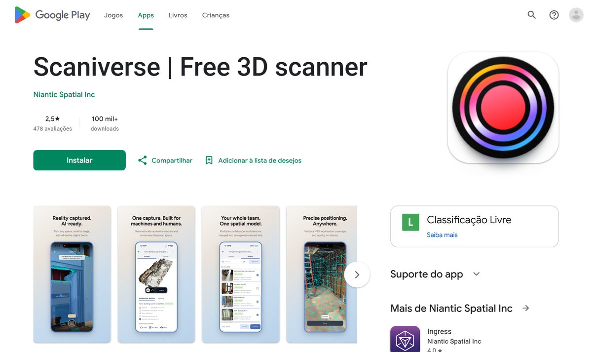 Página do Scaniverse na Google Play, scanner 3D grátis da Niantic, com o botão Instalar e telas do app escaneando objetos
