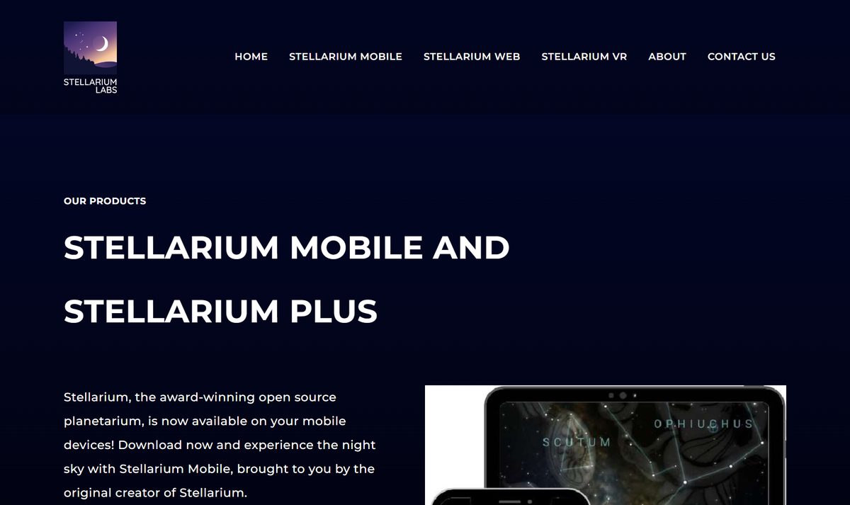 Site do Stellarium Mobile, planetário grátis, com fundo escuro e um tablet mostrando o céu com nomes de constelações