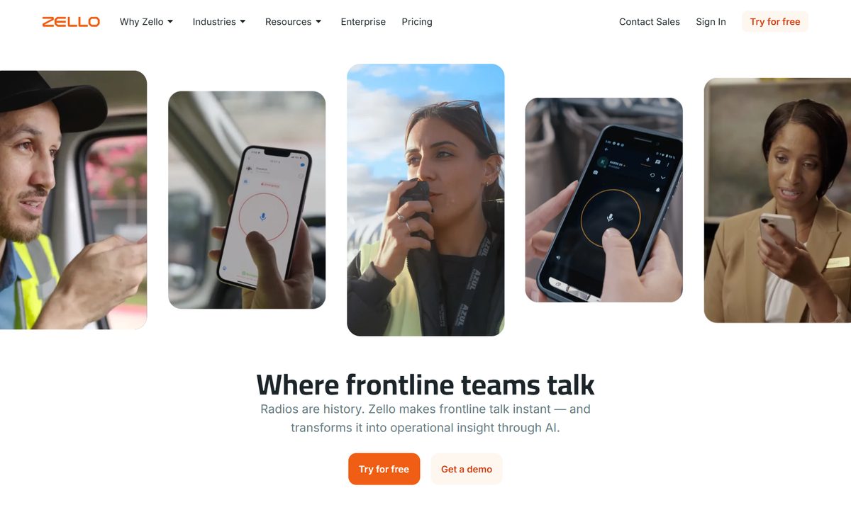 Site do Zello, app que transforma o celular em walkie-talkie, com fotos de pessoas falando pelo celular e o botão Try for free