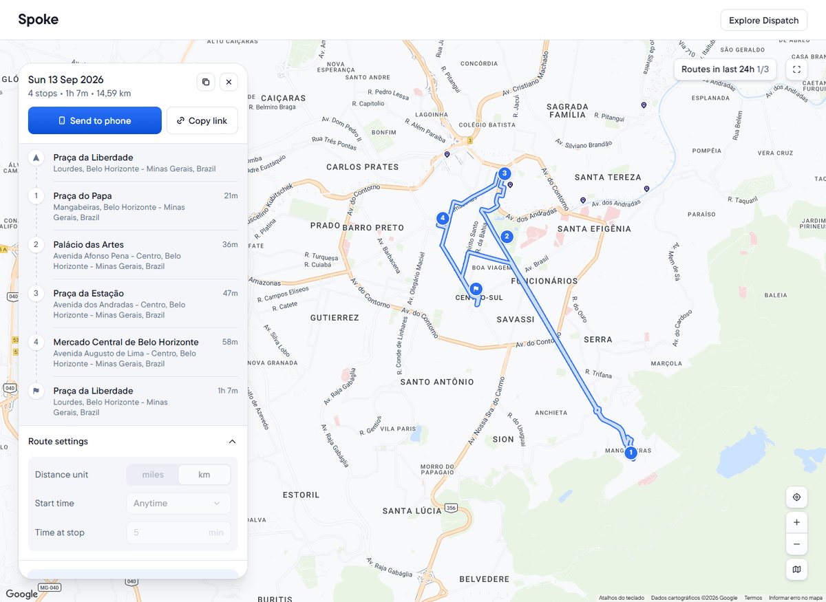 Rota calculada pelo Spoke: Praça do Papa, Palácio das Artes, Praça da Estação e Mercado Central, com 4 paradas, 1h07 e 14,59 km, e o traçado no mapa