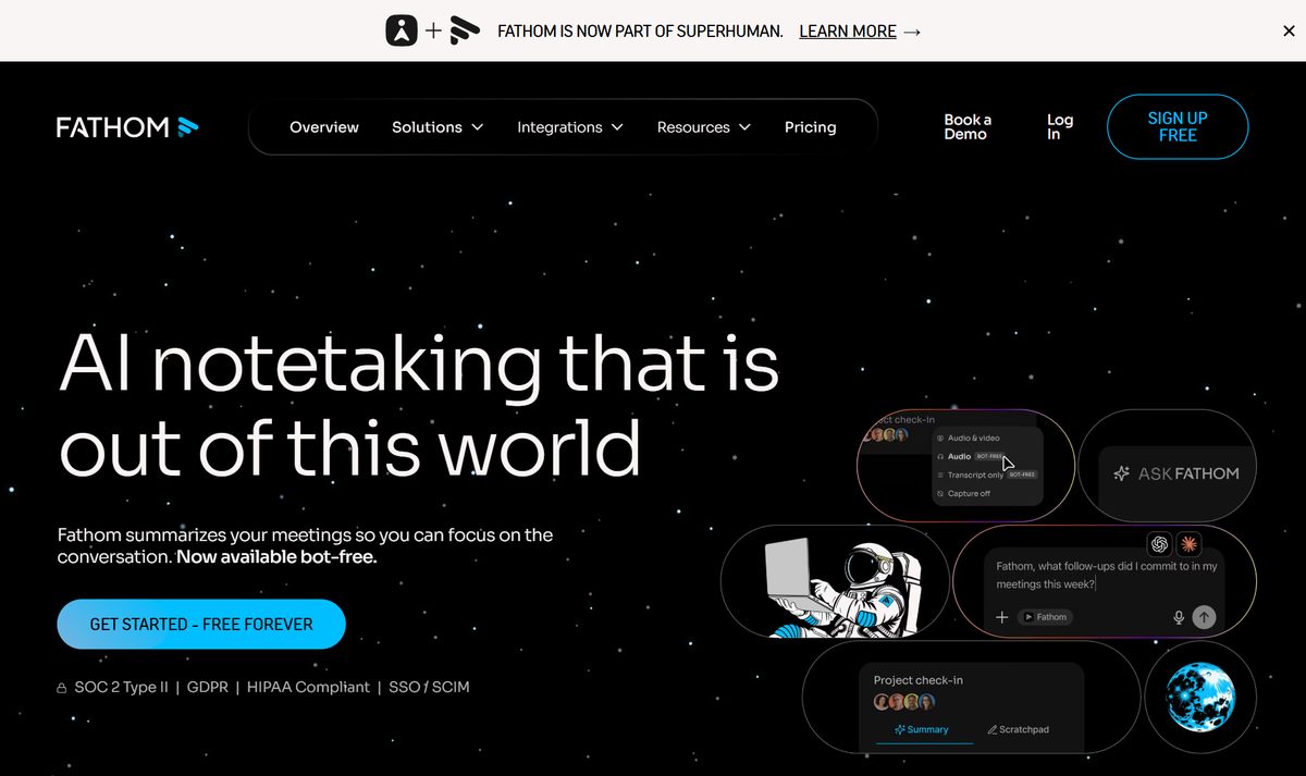 Site do Fathom, que grava e resume reuniões, com a frase "AI notetaking that is out of this world" e o botão de começar grátis