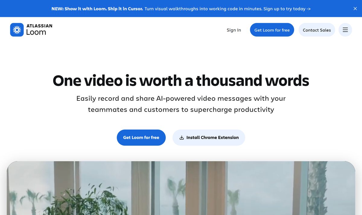 Site do Loom, gravador de tela, com a frase "One video is worth a thousand words" e o botão da extensão pro Chrome