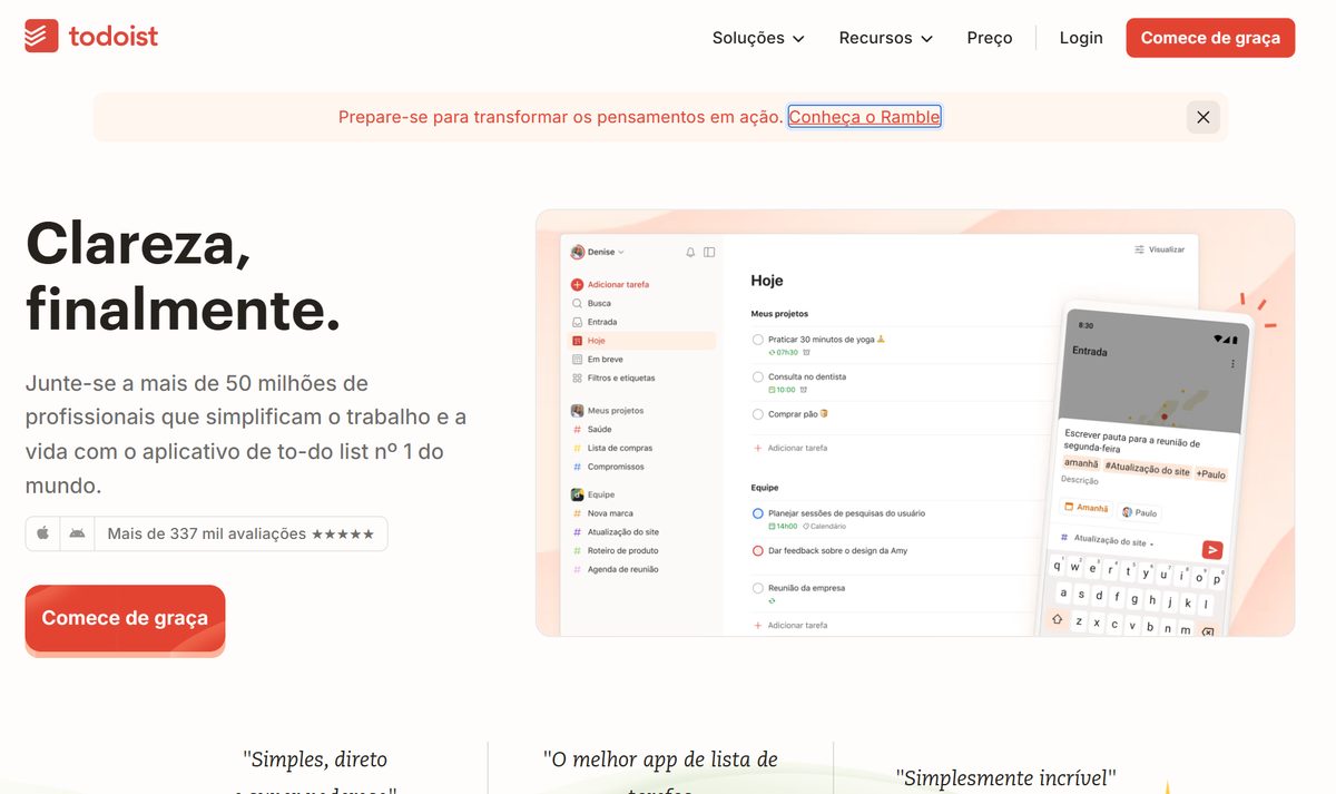 Site do Todoist em português, com a frase "Clareza, finalmente." e a lista de tarefas do dia no celular