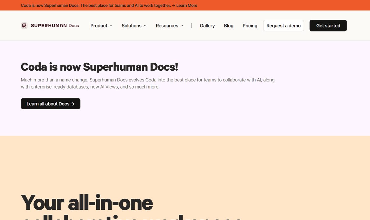 Site do Coda avisando que agora ele se chama Superhuman Docs