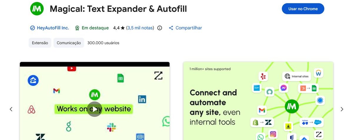 Página da extensão Magical: Text Expander & Autofill na Chrome Web Store, com nota 4,4, 300 mil usuários e selo de destaque