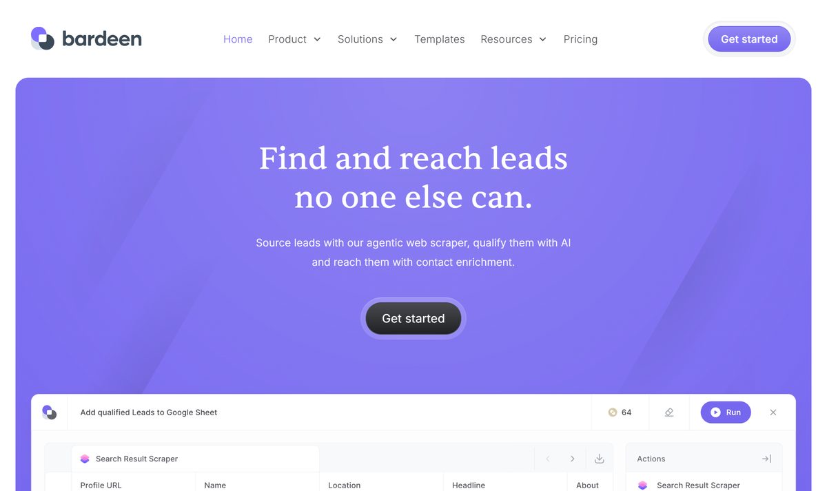 Site do Bardeen, que coleta dados de sites e joga numa planilha, com a frase "Find and reach leads no one else can"