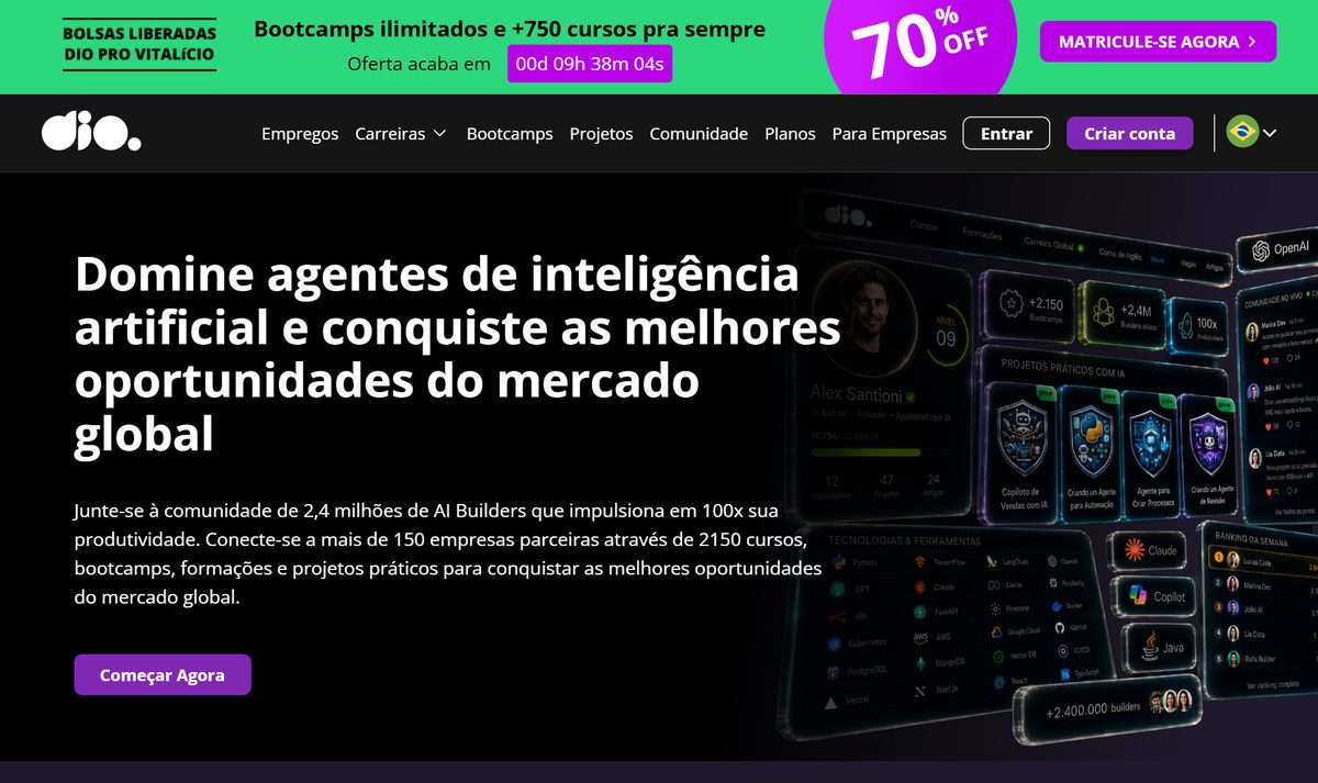 Site da DIO, plataforma de cursos de tecnologia, com a chamada pra cursos de agentes de inteligência artificial