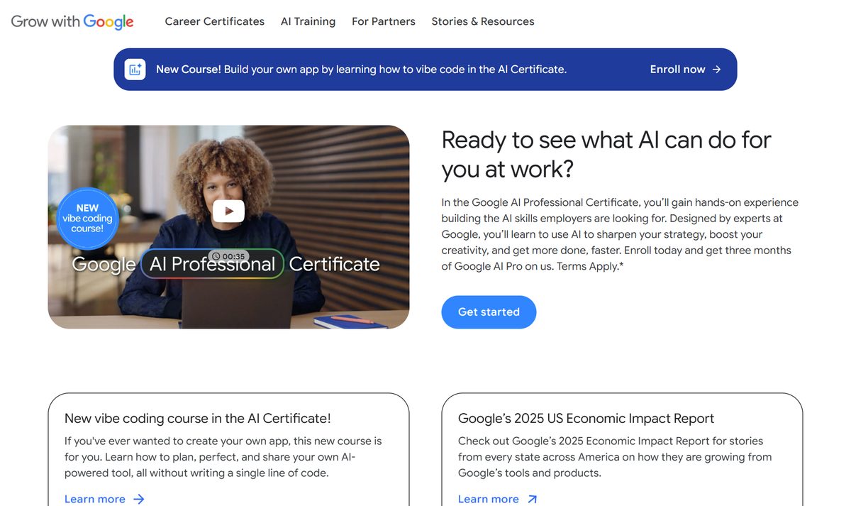 Página do Grow with Google, os cursos do Google, com o certificado profissional de IA em destaque