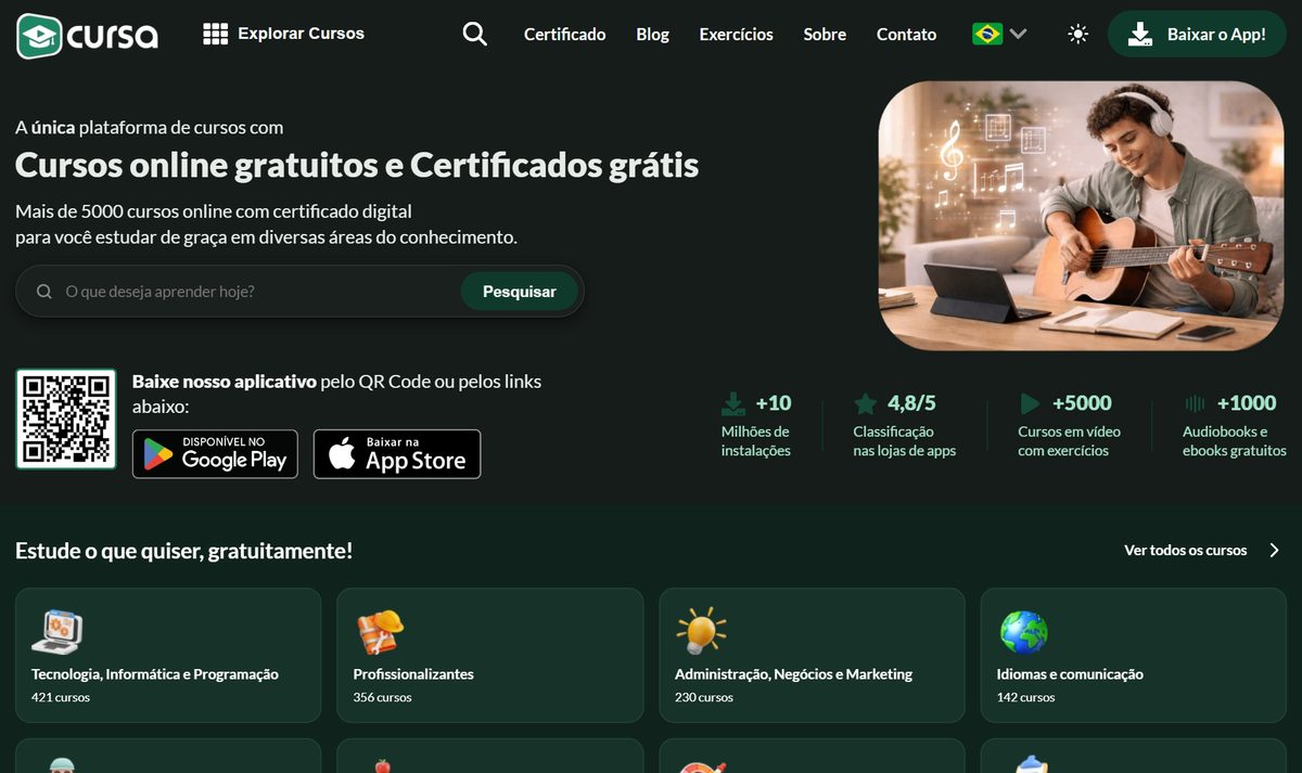 Site do Cursa com cursos online grátis e certificado, busca de cursos e as categorias por área