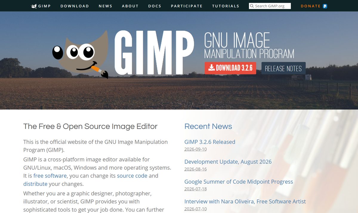 Site oficial do GIMP, editor de imagem grátis e de código aberto, com o botão de baixar a versão 3.2