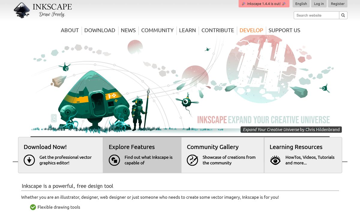 Site do Inkscape, editor de desenho vetorial grátis, com a ilustração de destaque e o botão de download