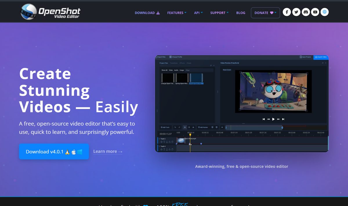 Site do OpenShot, editor de vídeo grátis, com a frase "Create Stunning Videos — Easily" e a tela do programa