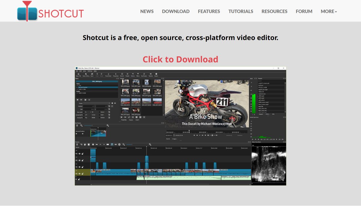Site do Shotcut, editor de vídeo grátis e de código aberto, com a tela do programa editando um vídeo